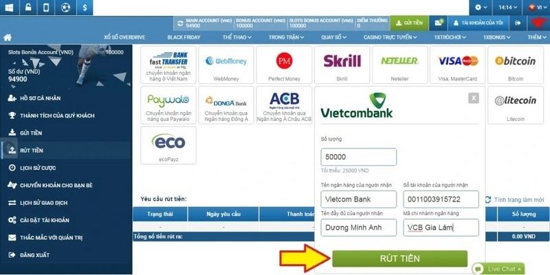 1XBET nạp - rút tiền nhanh chóng và tiện lợi