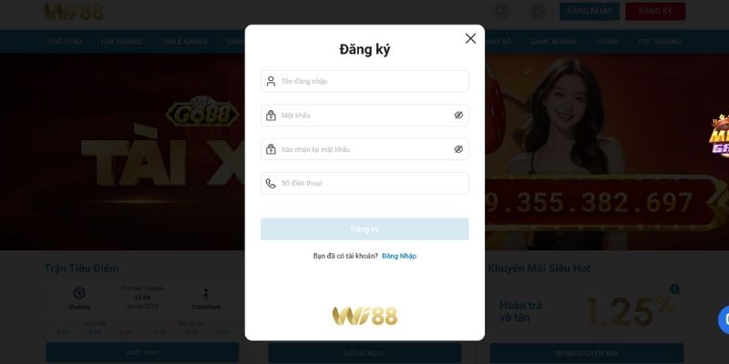 Điền thông tin đăng ký đăng nhập WI88