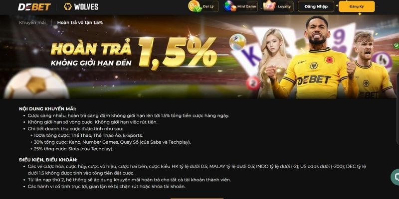 Khuyến mãi DEBET hoàn trả không giới hạn đến 1,5%