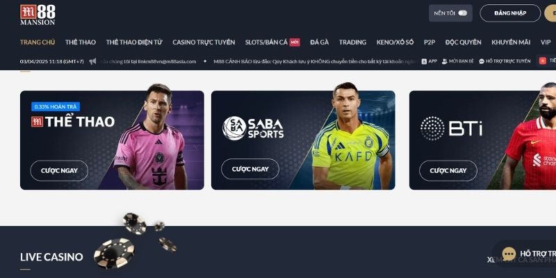 Sảnh cá cược đa dạng và phong phú M88