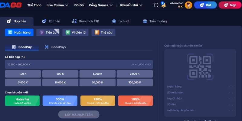 Lựa chọn phương thức nạp rút tiền DA88
