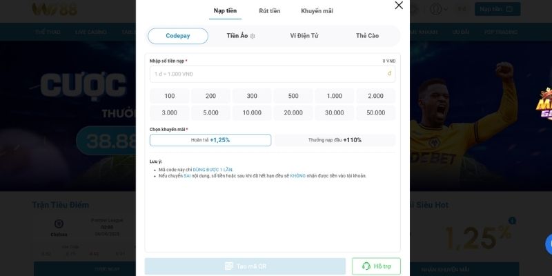 Chọn phương thức nạp rút tiền WI88