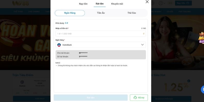 Xác nhận và hoàn tất nạp rút tiền WI88